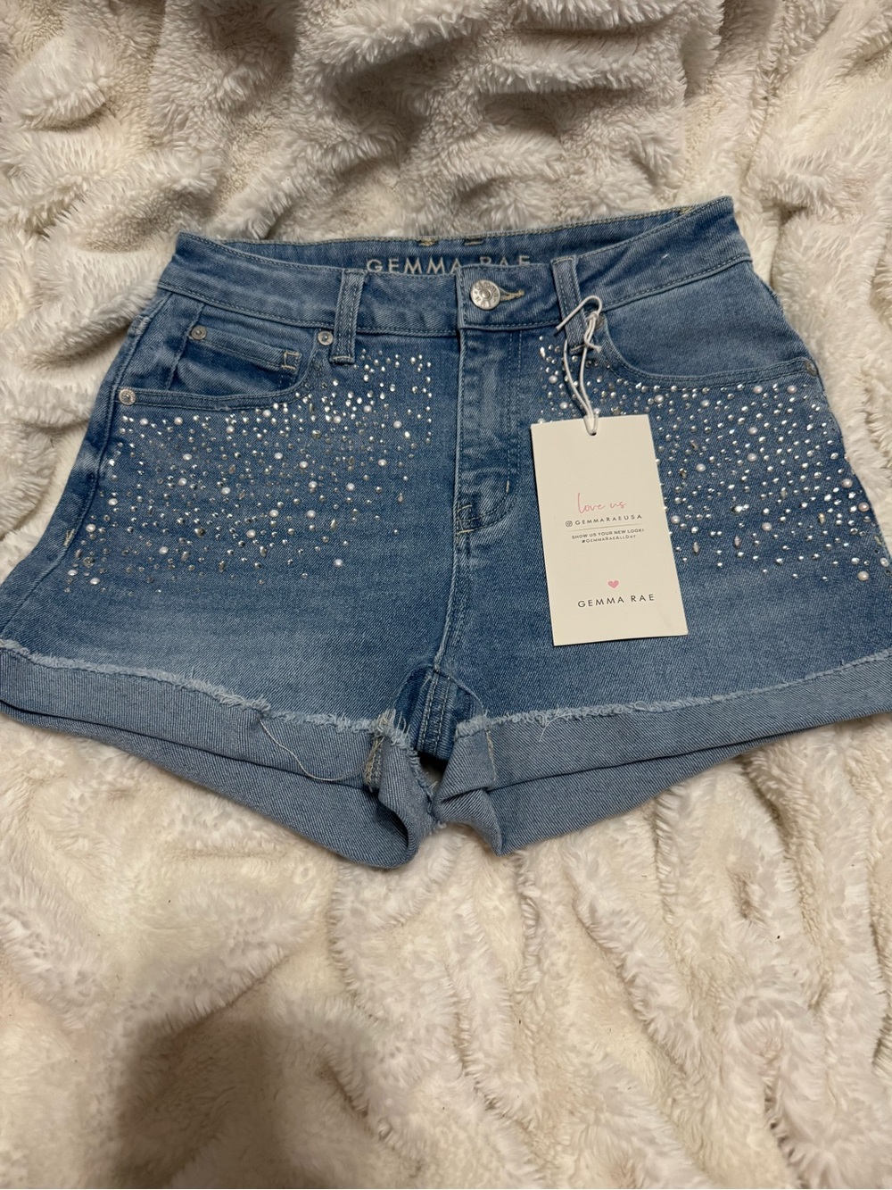 Gemma Rae Light Blue Rhinestone High-Rise Denim Shorts